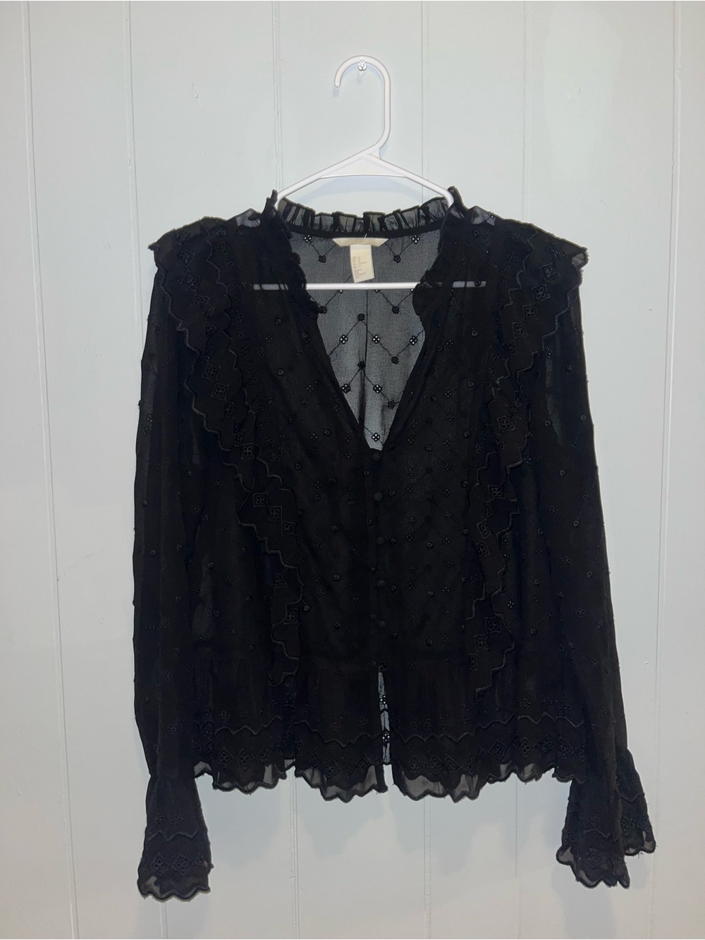 Gothic H&M Black Ruffled Sheer Women's Blouse - Elegant Lace Detail